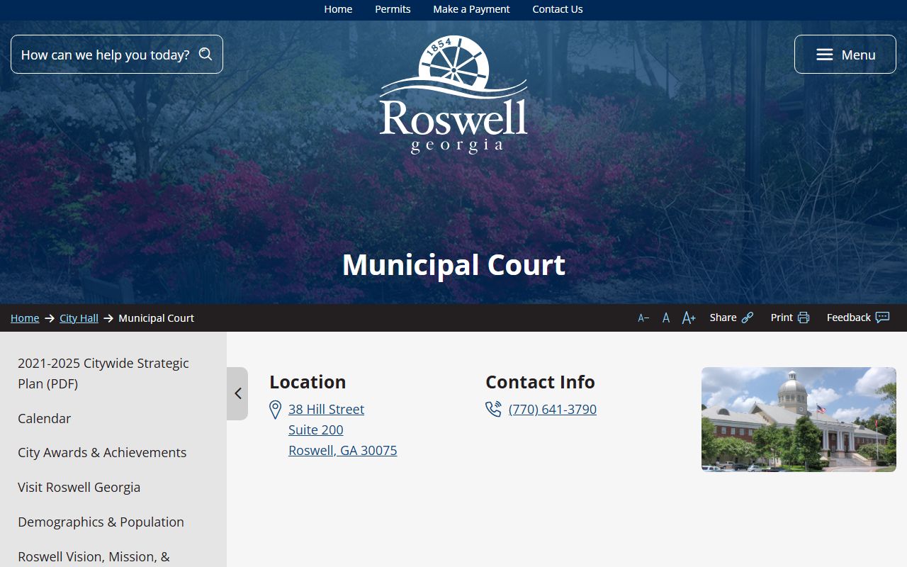 Roswell Municipal Court information page related to civil court records in Roswell Georgia