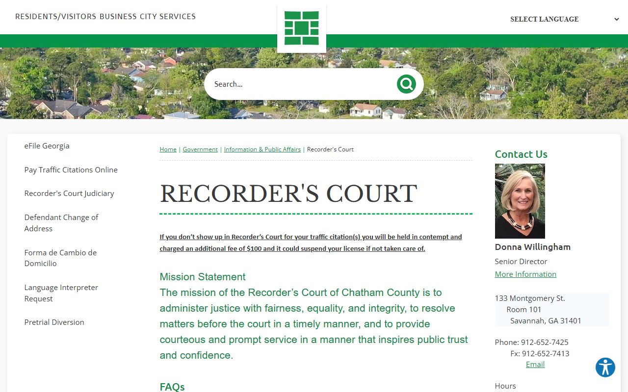 Savannah Recorder's Court website for civil court records in Savannah Georgia