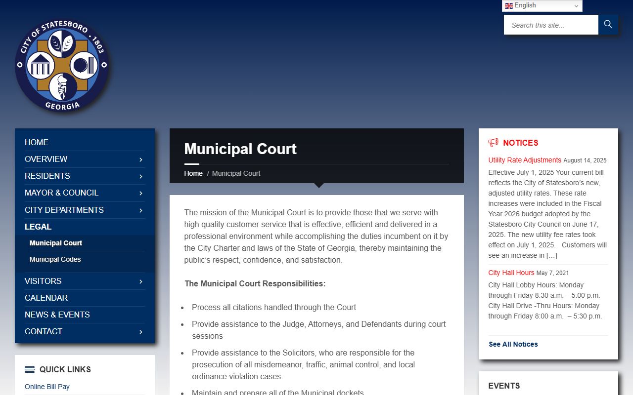 Statesboro Municipal Court page showing court information and civil records access for Statesboro Georgia