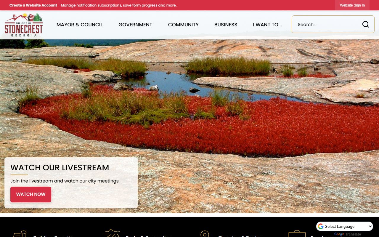 Stonecrest Georgia city homepage providing local government context for researching civil court records in DeKalb County