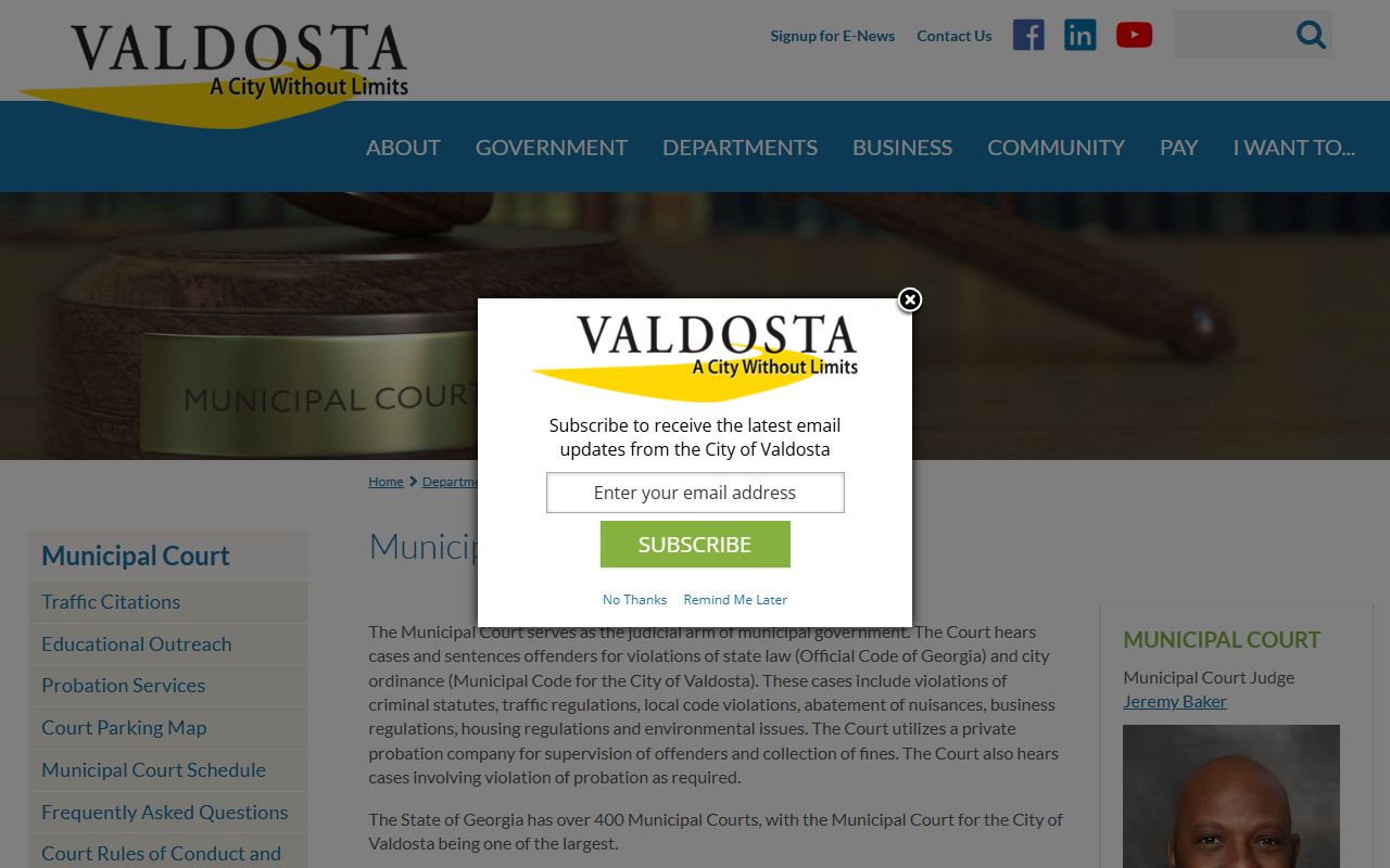 Valdosta Municipal Court website for civil court records in Valdosta Georgia