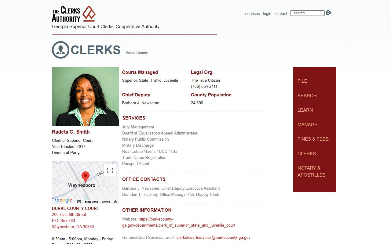 Bryan County clerk profile on GSCCCA showing contact information for civil court records in Pembroke Georgia