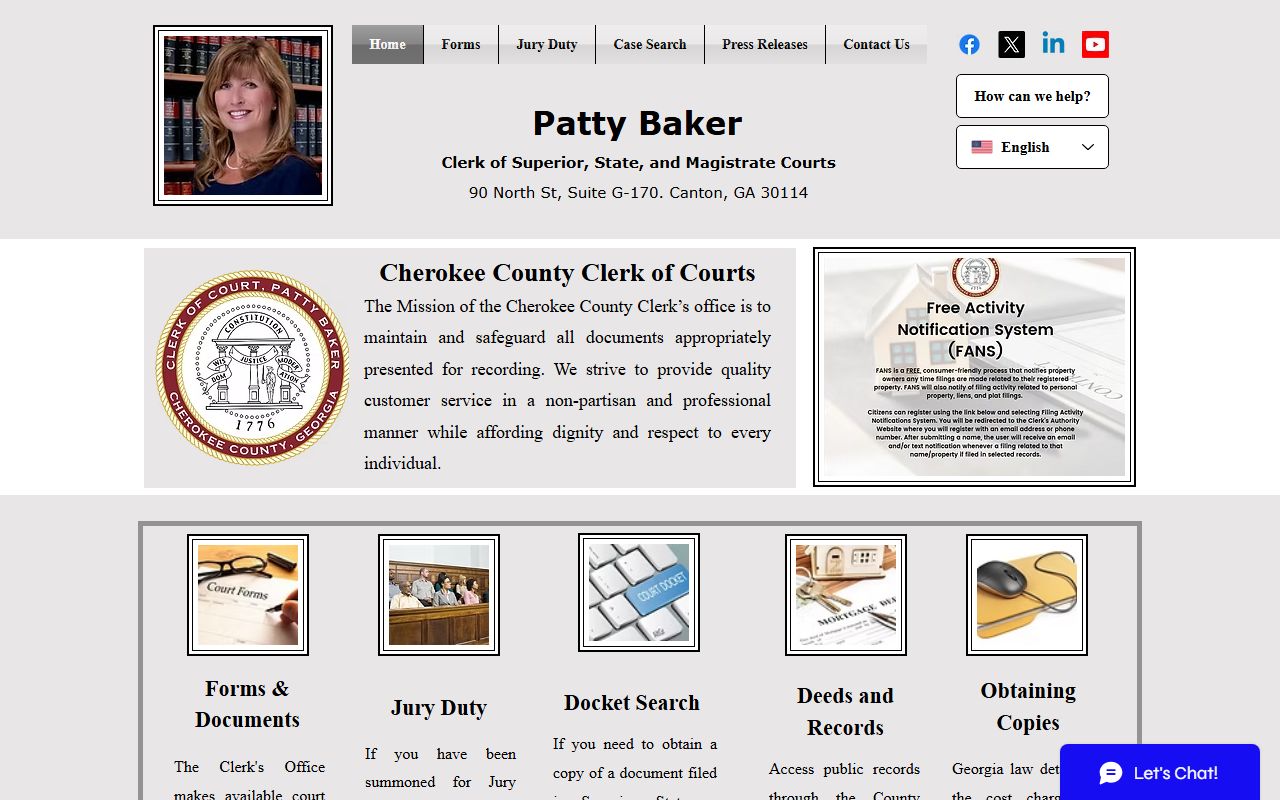 Cherokee County Clerk of Court website homepage for civil court records in Canton Georgia