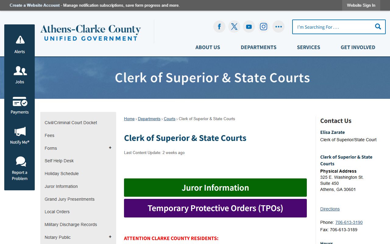 Athens-Clarke County Clerk of Superior and State Courts page for Clarke County civil court records