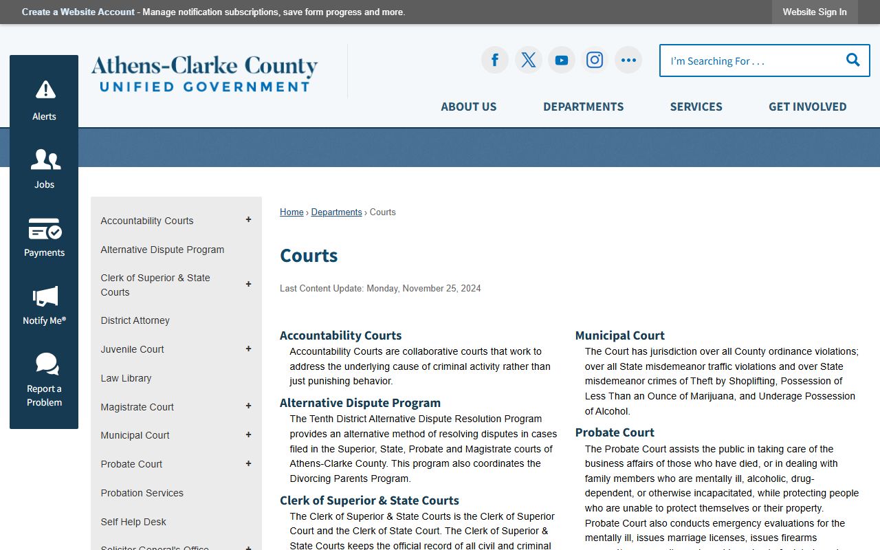 Athens-Clarke County courts page listing all courts handling civil court records in Clarke County