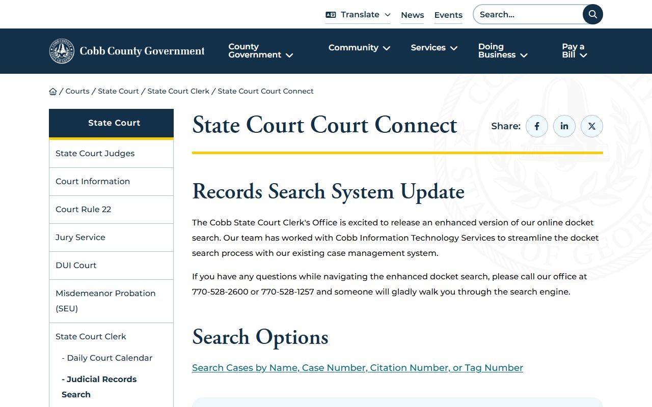 Cobb County CourtConnect information page explaining how to search civil court records in Marietta Georgia