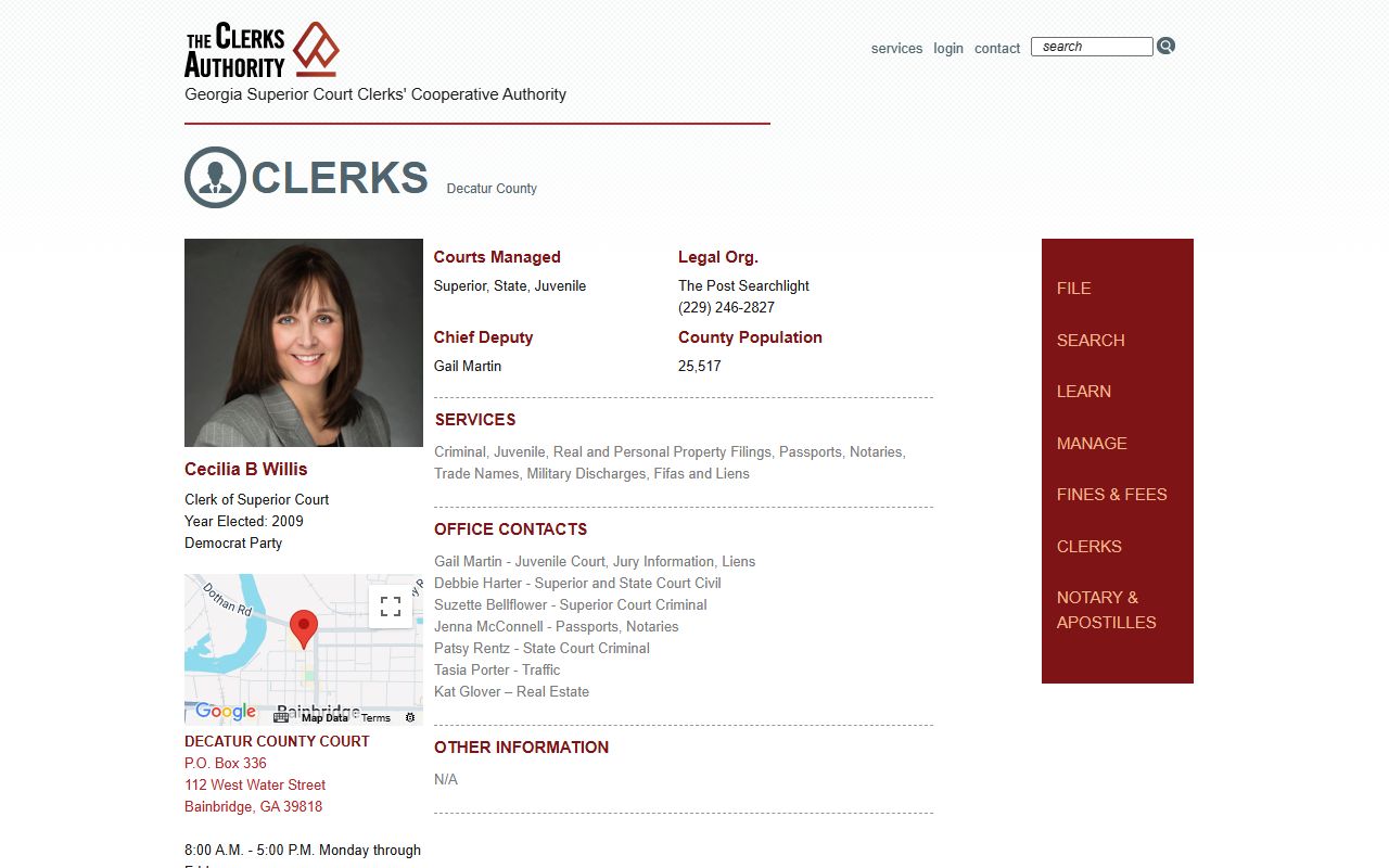 Decatur County clerk profile on GSCCCA showing contact information for civil court records in Bainbridge Georgia