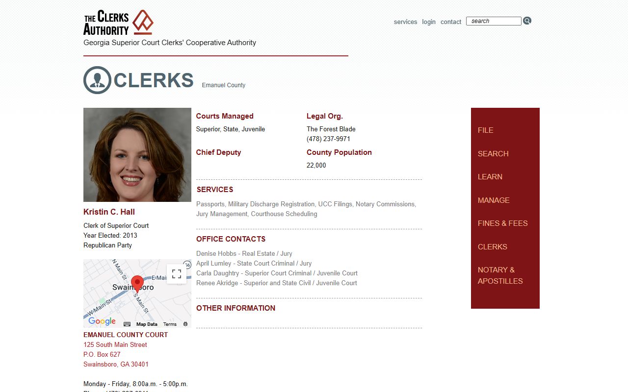 Elbert County clerk profile on GSCCCA showing contact information for civil court records in Elberton Georgia