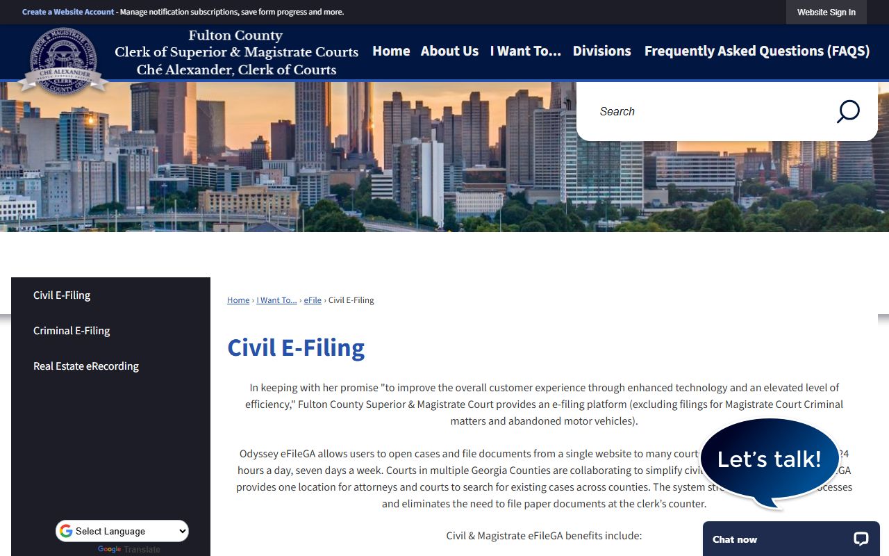 Fulton County Civil E-Filing page showing electronic filing instructions for civil court cases in Atlanta Georgia