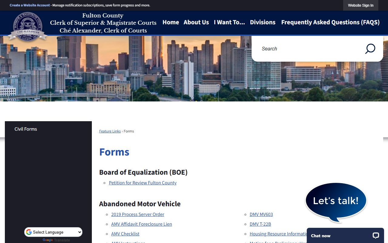 Fulton County Forms Center page showing downloadable civil court filing forms for Superior Court cases in Atlanta Georgia