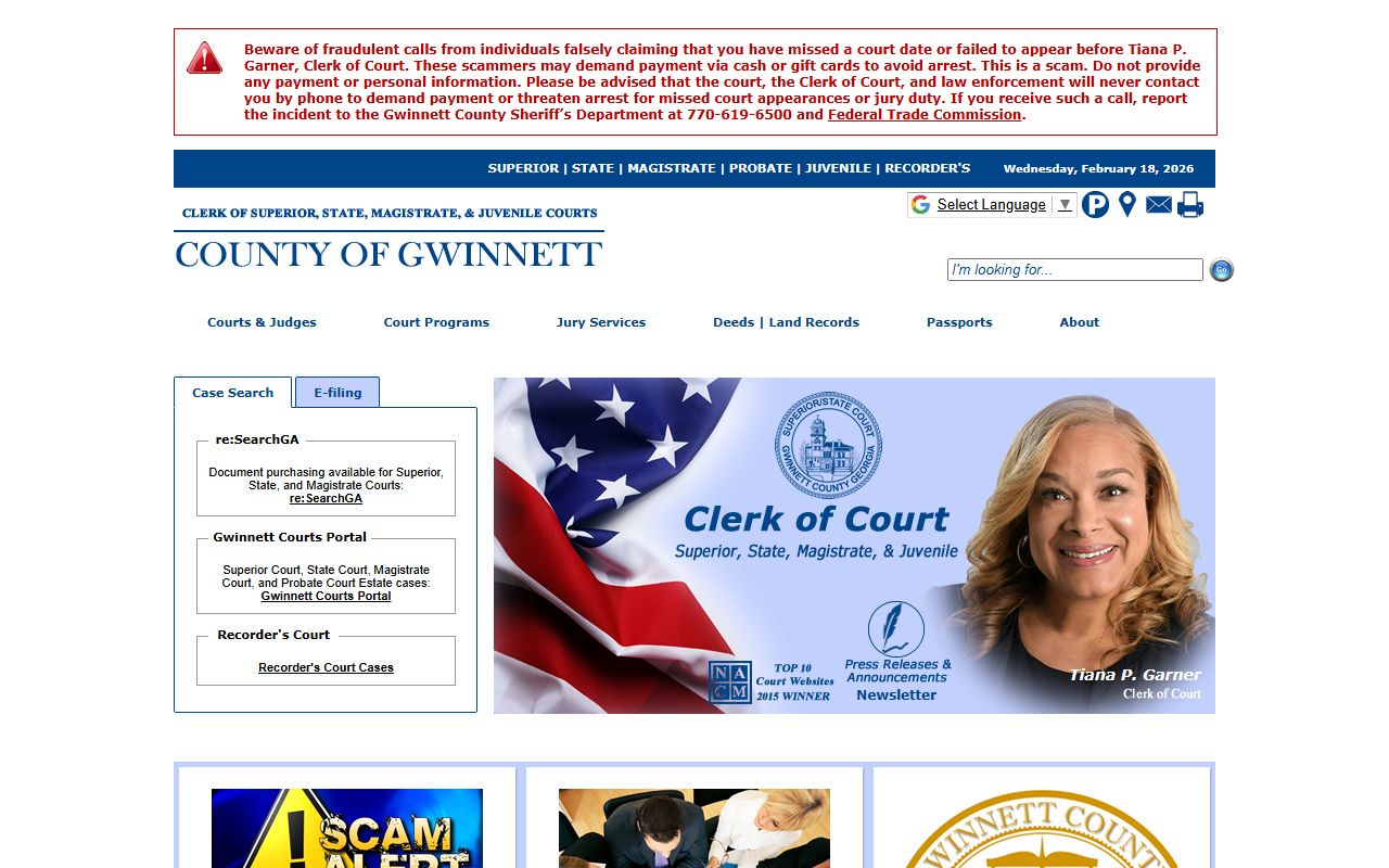 Gwinnett County Courts homepage showing civil court records search and case filing information in Lawrenceville Georgia