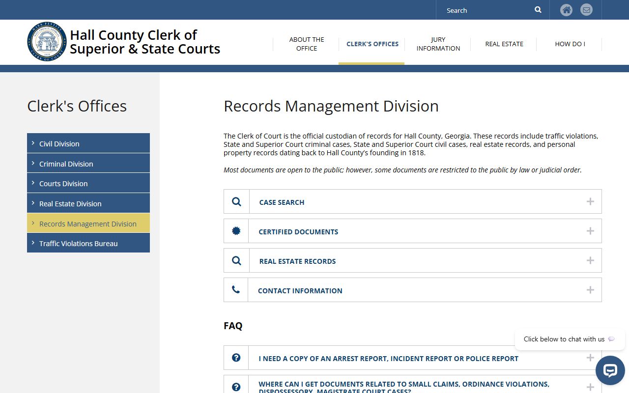 Hall County Records Management Division page for civil court records