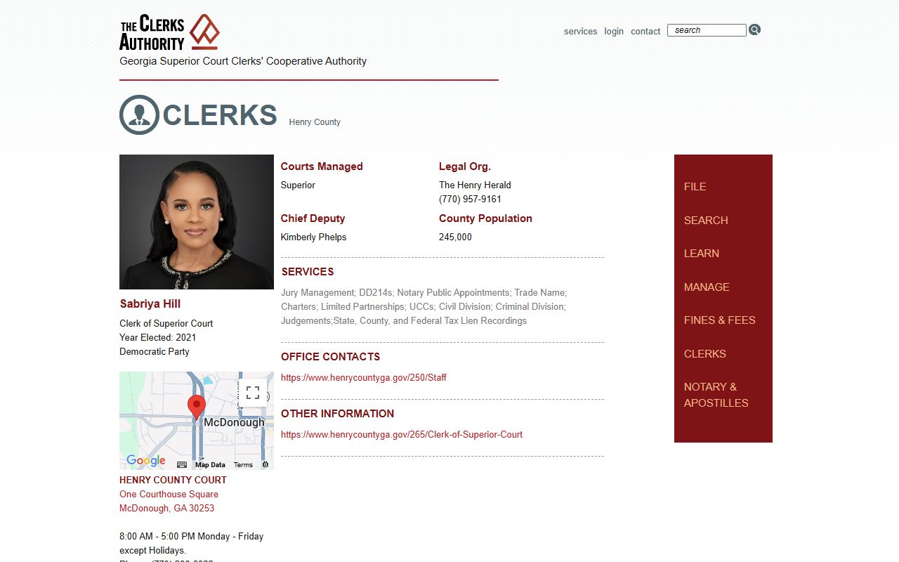 Henry County GSCCCA clerk profile page for civil court records