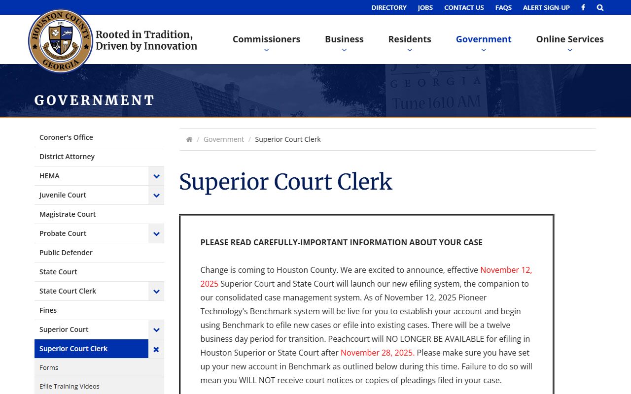Houston County Georgia Superior Court Clerk webpage for civil court records access in Perry