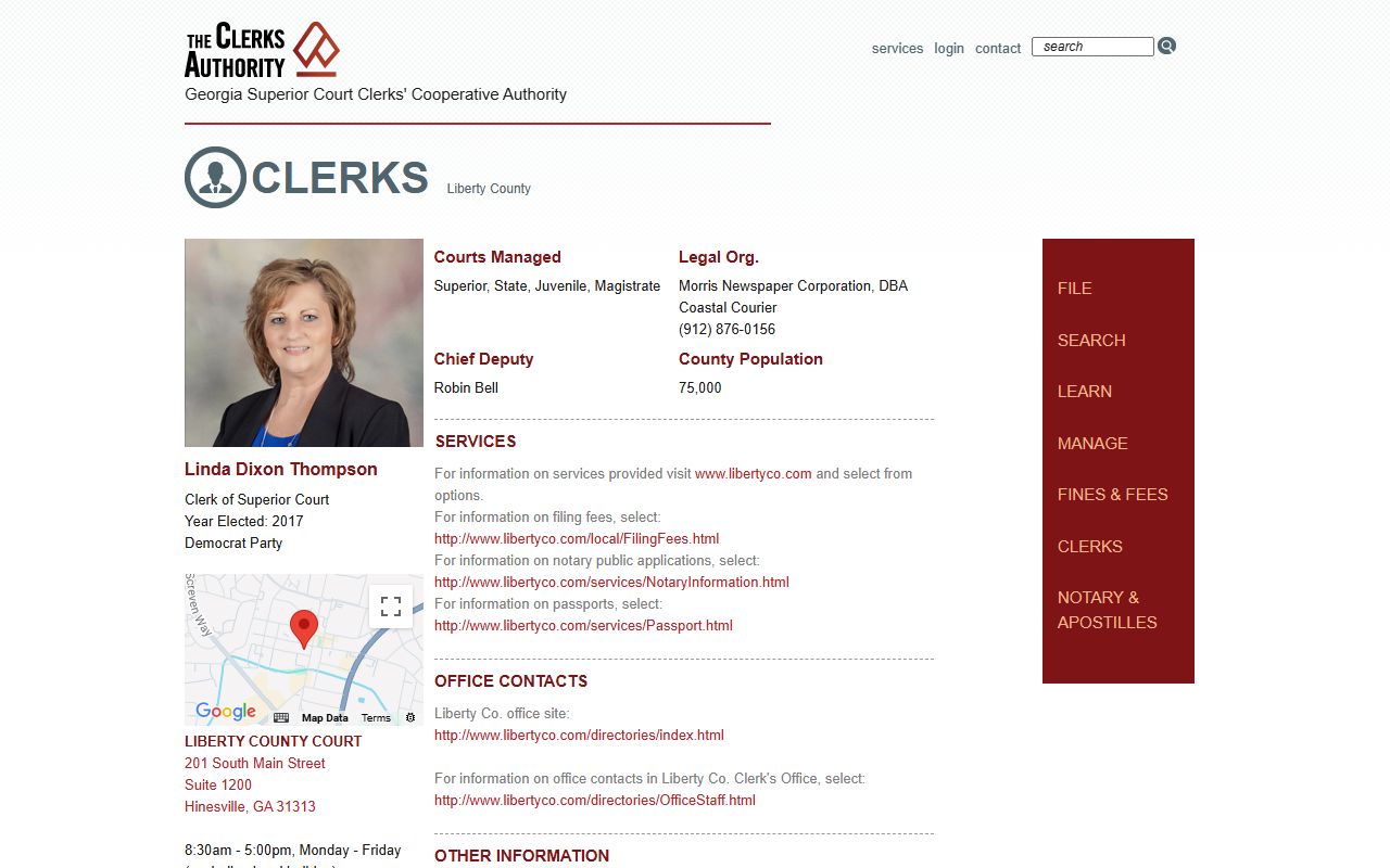 Liberty County GSCCCA clerk profile page showing civil court record access tools for Hinesville Georgia