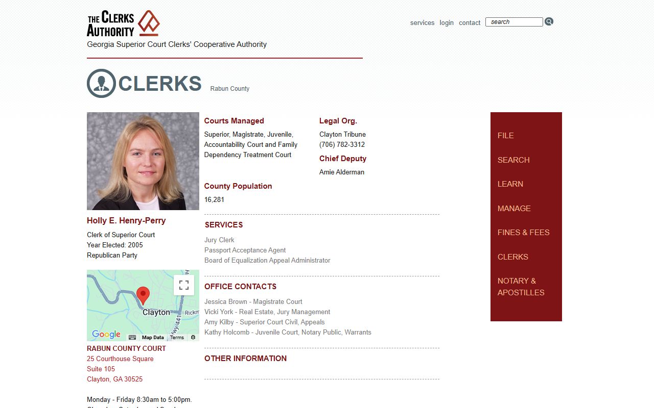 Pierce County clerk profile on GSCCCA showing contact information for civil court records in Blackshear Georgia
