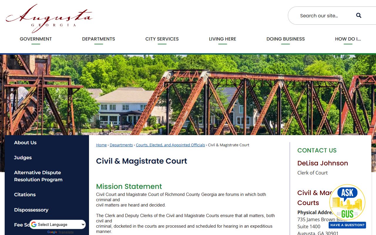 Augusta Civil Magistrate Court page showing civil court records and filing information for Augusta Georgia