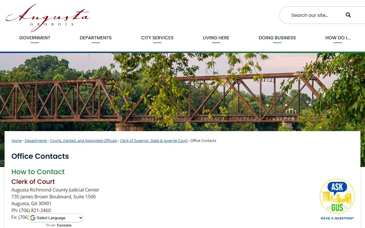 Augusta Richmond County clerk office contacts page for civil court records in Augusta Georgia