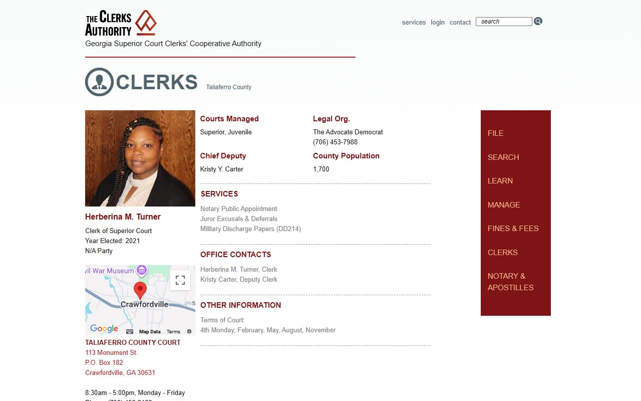 Screven County clerk profile on GSCCCA showing contact information for civil court records in Sylvania Georgia