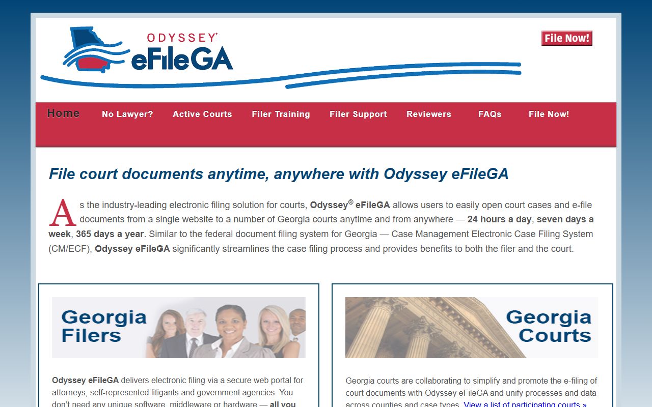 Odyssey eFileGA homepage for filing Georgia civil court documents
